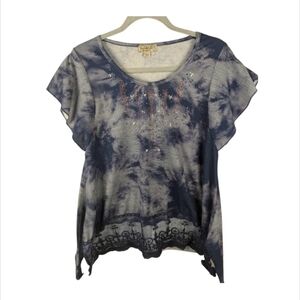 ONE WORLD small cotton with spandex patriotic blouse with rhinestones & lace Y2K